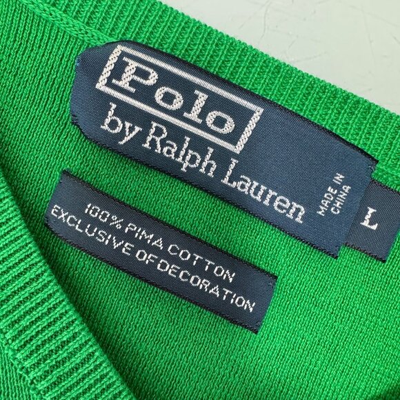 Polo Ralph Lauren Sweater Mens Large L Pullover 100% Pima Cotton Green V Neck - Picture 2 of 5